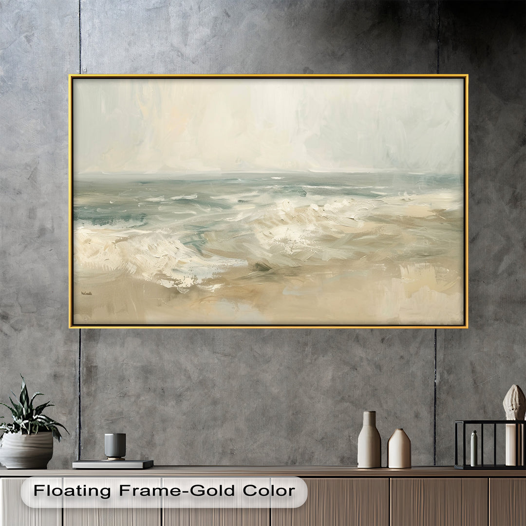 A serene impressionist-style painting depicting gentle ocean waves rolling onto a sandy shore, with soft brushstrokes creating a calming, airy atmosphere.