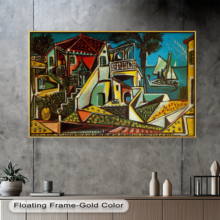 An imaginative portrayal of a sunlit hillside village, framed by tropical foliage and vivid sea tones in a dynamic modernist style.