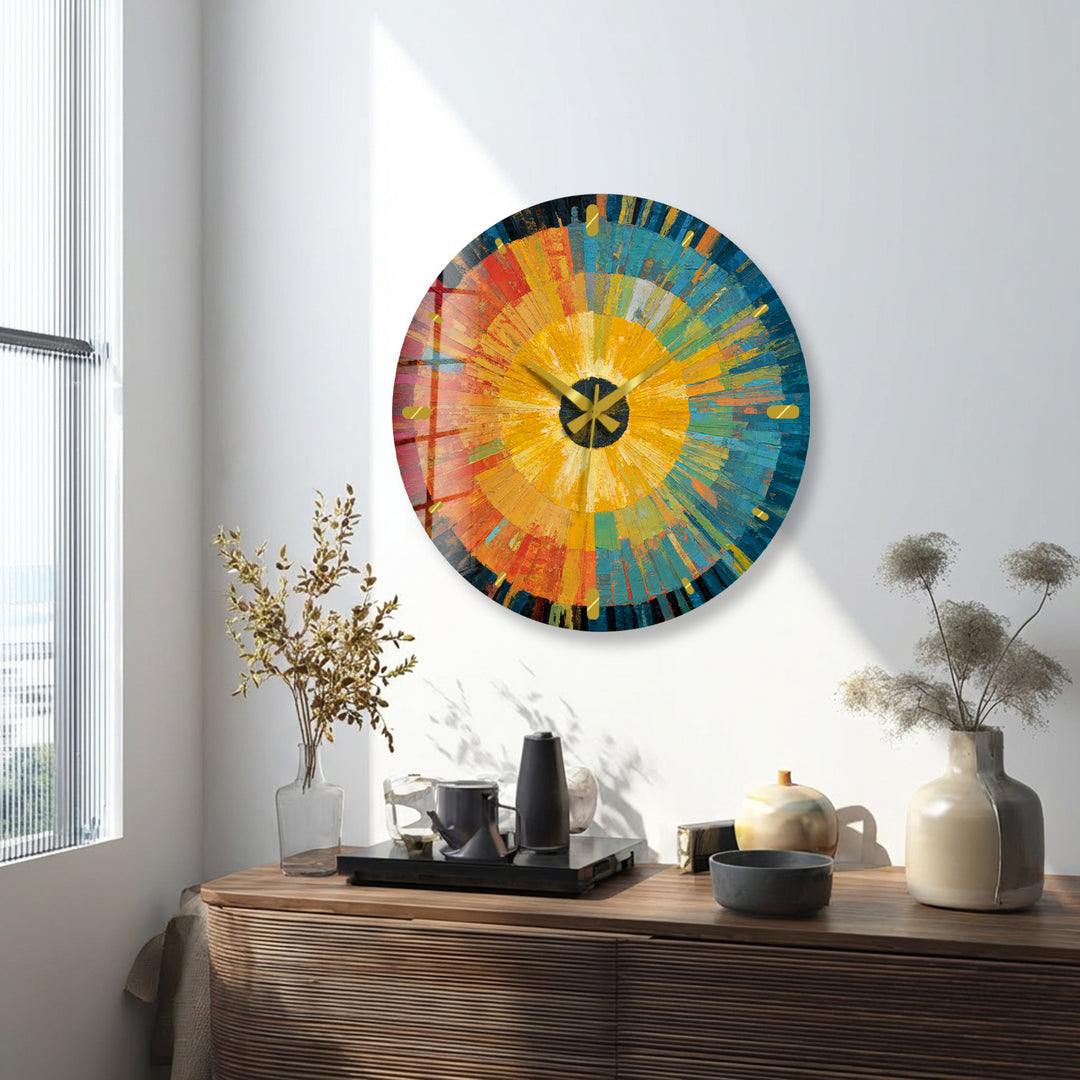 Abstract Sunburst Glass Wall Clock – Colorful Modern Art