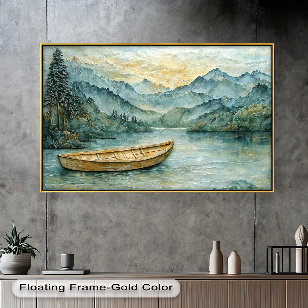 A beautifully textured mixed-media wall art piece showcasing a tranquil nature landscape with layered mountains, a peaceful river, and a rustic wooden canoe.