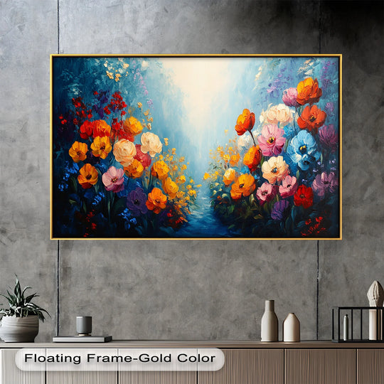 Exhibiting the abstract quality of an original Multicolor Wild Bloom Explosion, the flower oil painting art prints feature vivid blooms in a textured, impressionistic style.