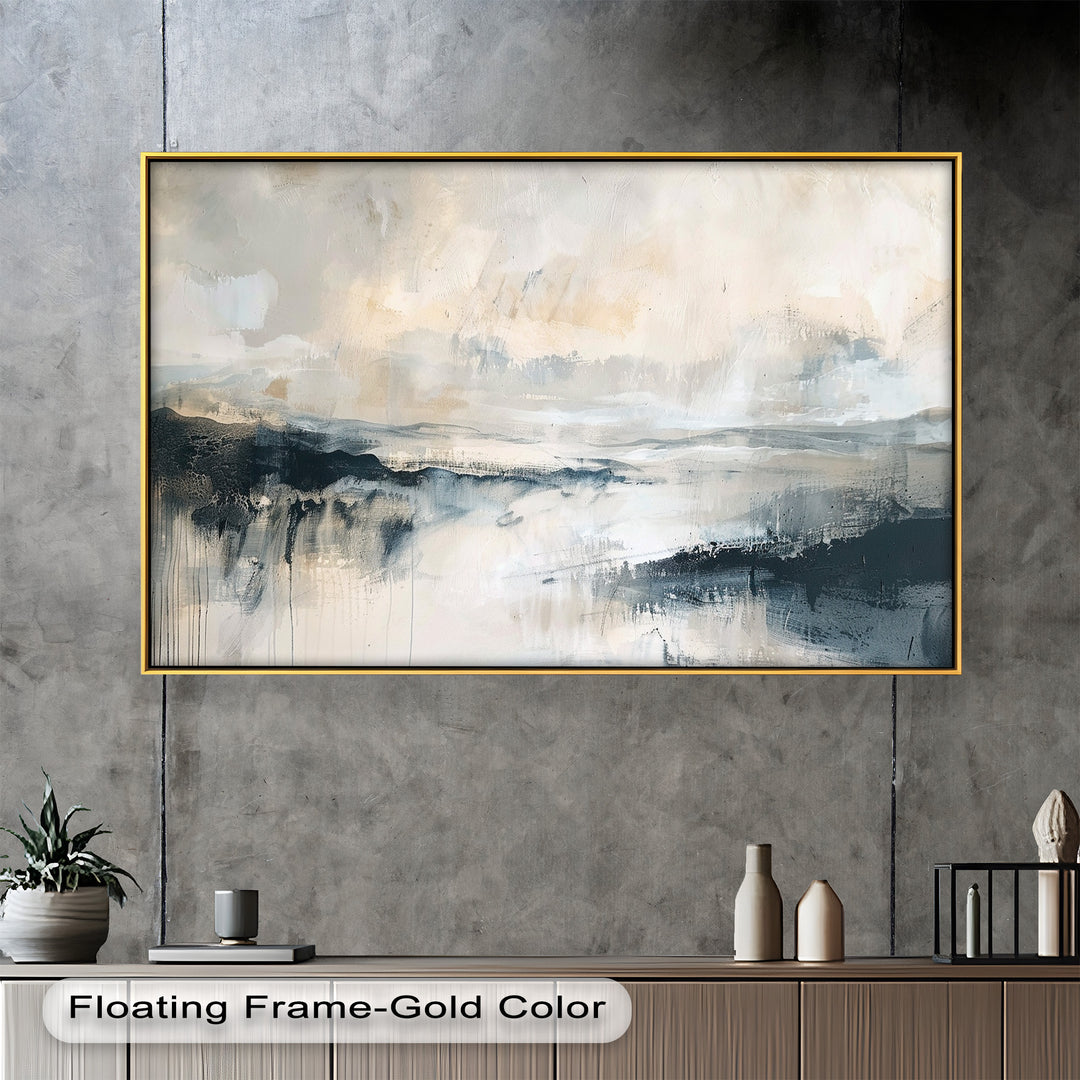 Soft, muted tones blend seamlessly in this abstract landscape painting, evoking a tranquil mist rolling over distant hills and reflecting in a still body of water.