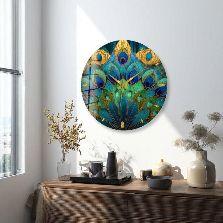 Peacock Feather Glass Wall Clock – Blue Art Nouveau Decor