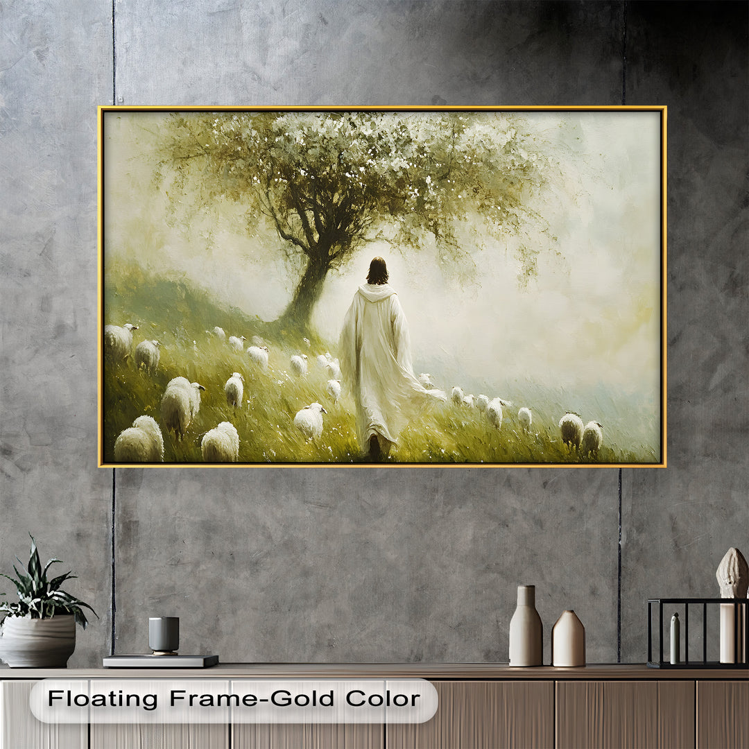 A beautifully textured landscape painting portrays a pastoral scene where a gentle figure in white walks among grazing sheep beneath the shade of a flourishing tree.