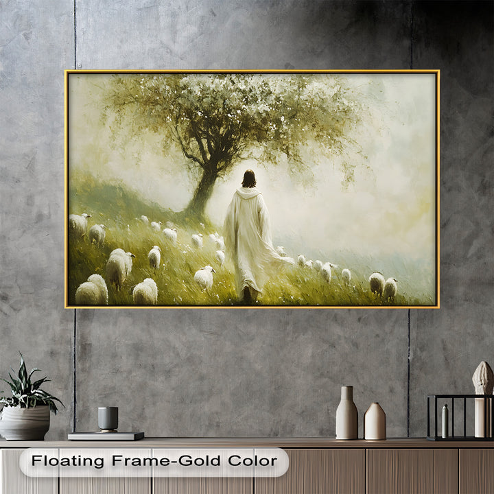 A beautifully textured landscape painting portrays a pastoral scene where a gentle figure in white walks among grazing sheep beneath the shade of a flourishing tree.