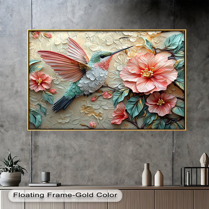 A sophisticated framed wall art piece featuring a detailed hummingbird and floral design, blending soft peach, green, and gold tones for a harmonious, artistic composition.