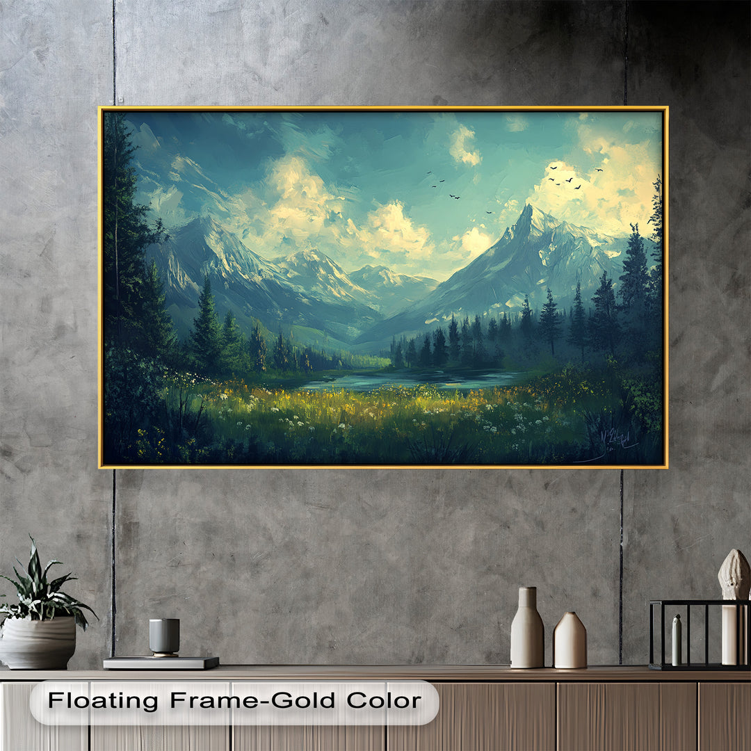 A breathtaking mountain valley unfolds in this stunning painting, where towering snow-capped peaks rise above a lush meadow, bathed in warm sunlight and dotted with wildflowers.
