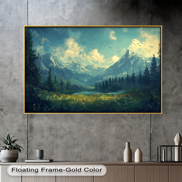 A breathtaking mountain valley unfolds in this stunning painting, where towering snow-capped peaks rise above a lush meadow, bathed in warm sunlight and dotted with wildflowers.
