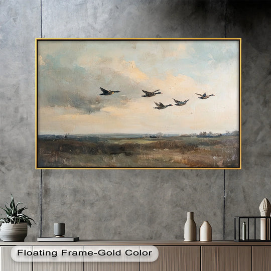 The abstract quality of this modern oil painting art evokes a serene marshland scene, emphasizing the fluid brushstrokes of the sky and the abstracted shapes of ducks in flight.
