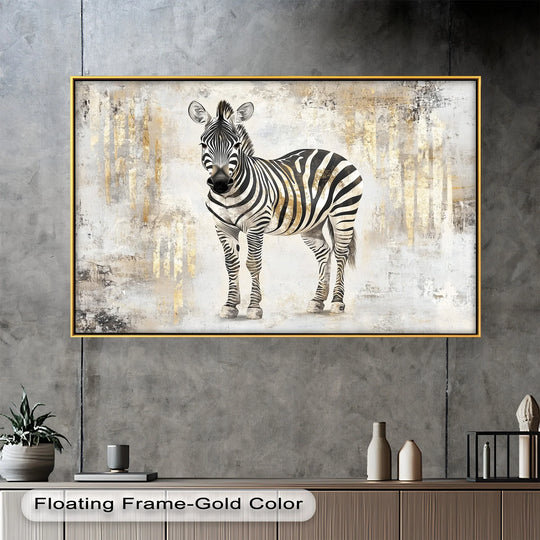 Floating gold frame enhances the finish of this zebra oil painting art prints, adding a touch of elegance to the neutral backdrop and golden streak details.