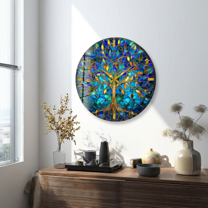 Blue Tree of Life Glass Wall Clock – Gold Stained Glass Style