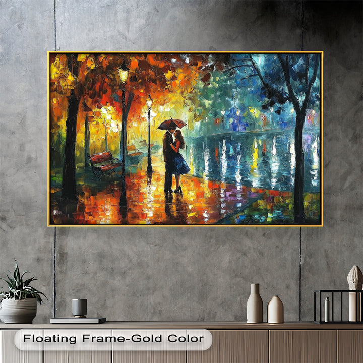 Golden Glow – Lovers Beneath the Umbrella Love Oil Painting