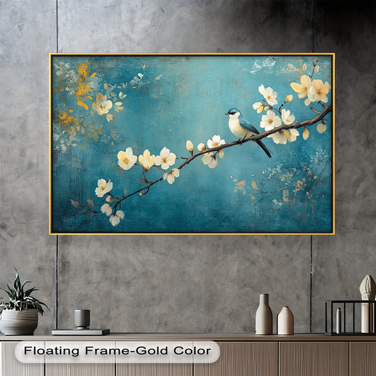 Transitioning shades create a serene backdrop for this floral oil painting artwork, featuring a delicate bluebird perched among blossoming branches.