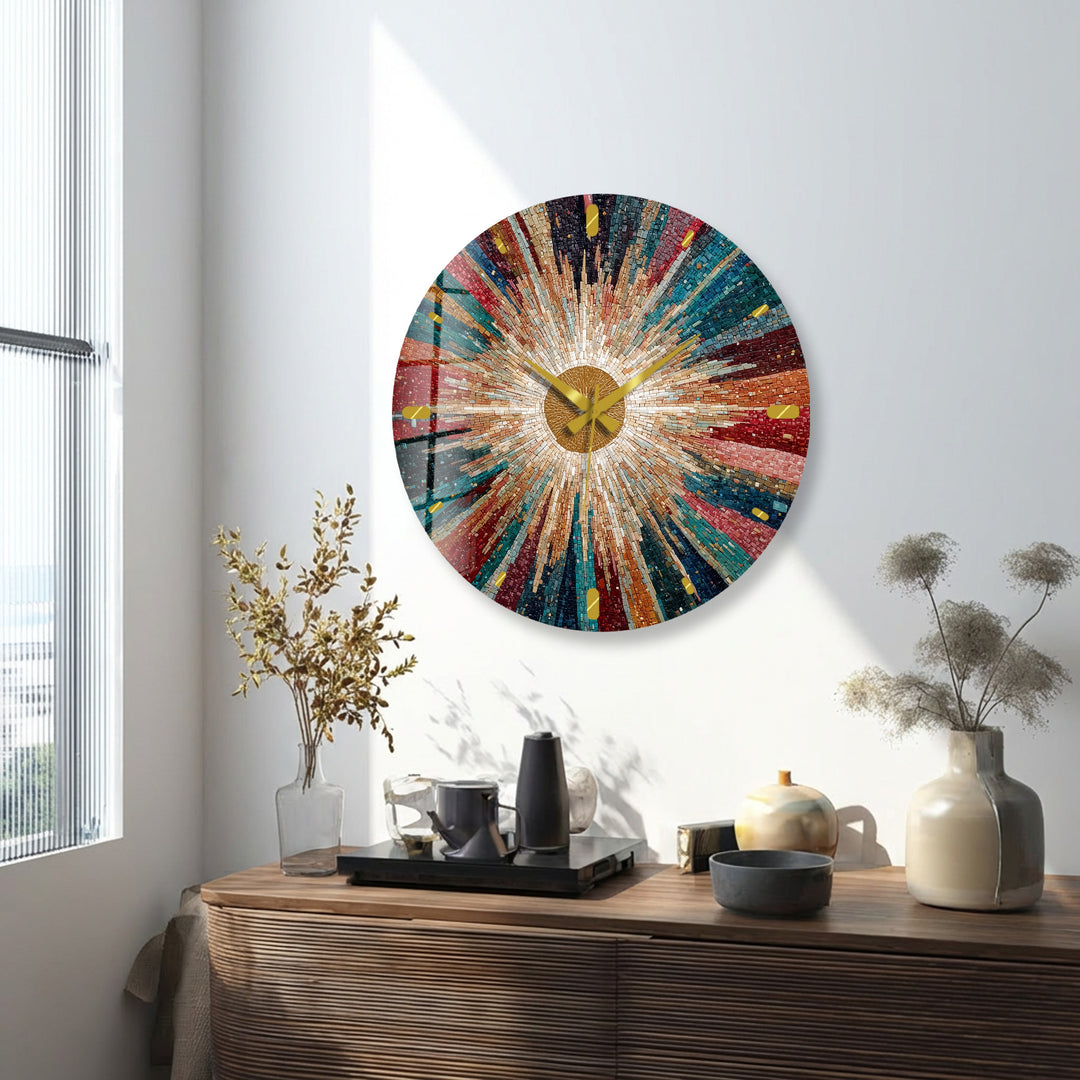 Colorful Sunburst Glass Wall Clock – Radiant Mosaic Art Decor