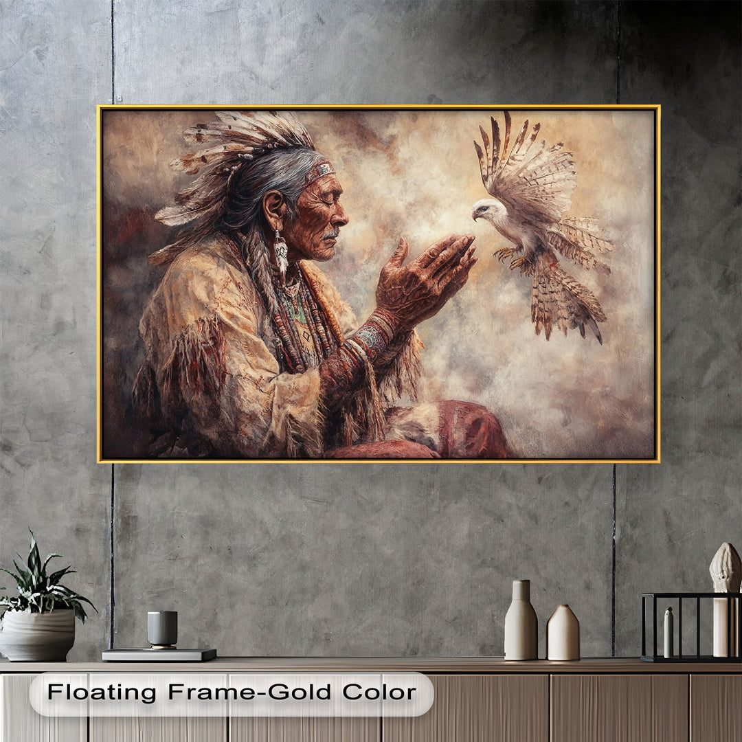 Whisper to the Spirit – Native Elder and Falcon Oil Painting