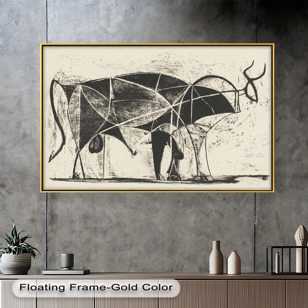 A minimalist black-and-white line drawing of a bull, composed of intersecting geometric shapes and dynamic contours.