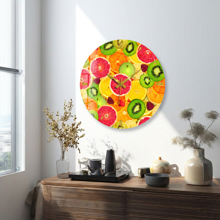 Colorful Fruit Glass Wall Clock – Citrus Kitchen Wall Decor