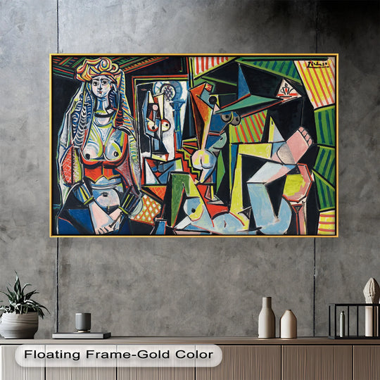 Horizontal and rectangular, this Picasso-style oil painting wall art features a bold Cubist interior and striking female form.