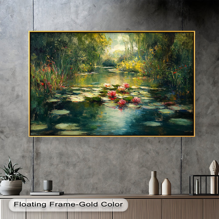 Tranquil Water Lilies in Sunlit Pond – Impressionist Oil Painting