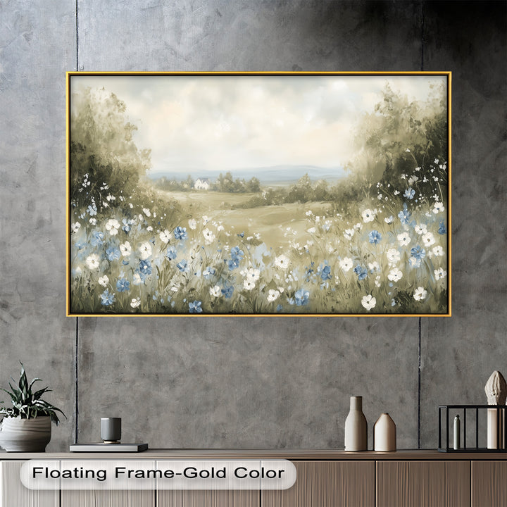 A serene rural landscape with blooming white and blue flowers in the foreground and a peaceful home far off in the distance.