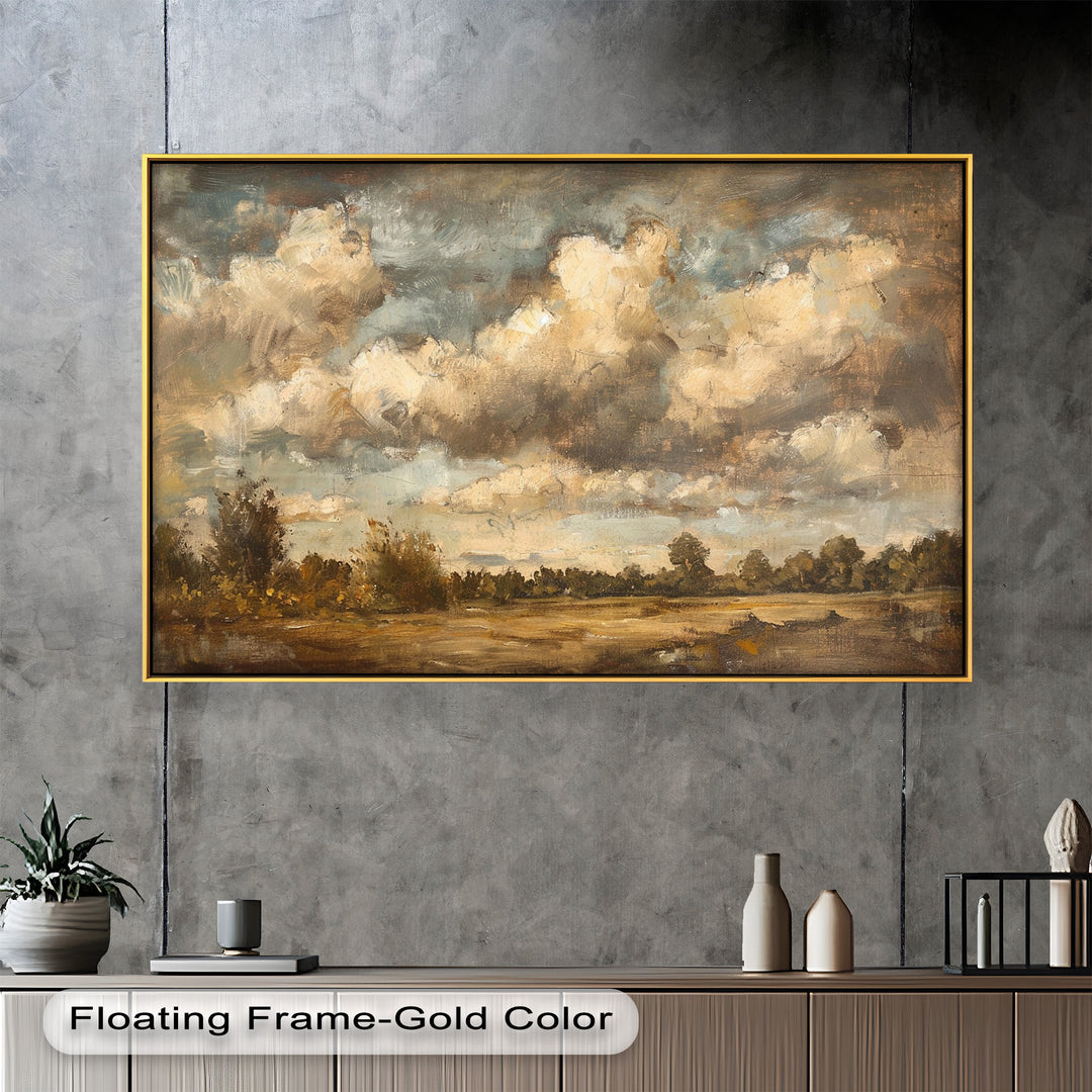 Weite Landschaft mit grauen Wolken – Ruhige Natur Ölgemälde