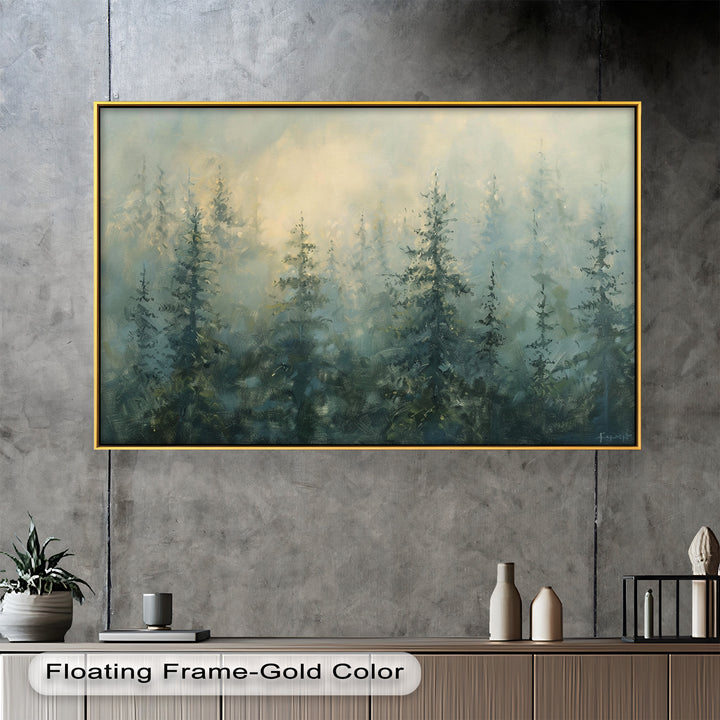 A stunning nature-inspired wall art piece capturing the beauty of a foggy forest at dawn, with deep green tones blending into soft golden light.