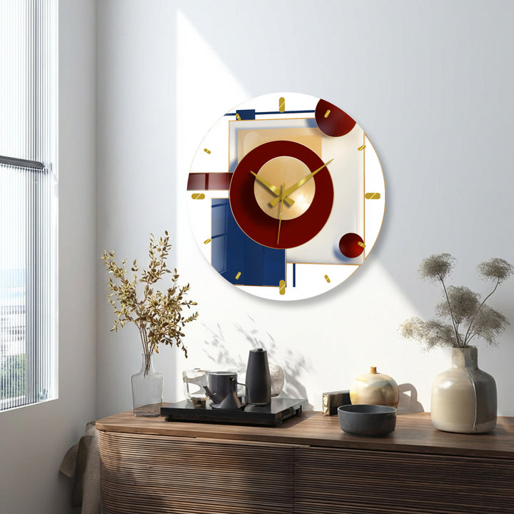 Burgundy and Navy Glass Wall Clock – Modern Geometric Gold Art