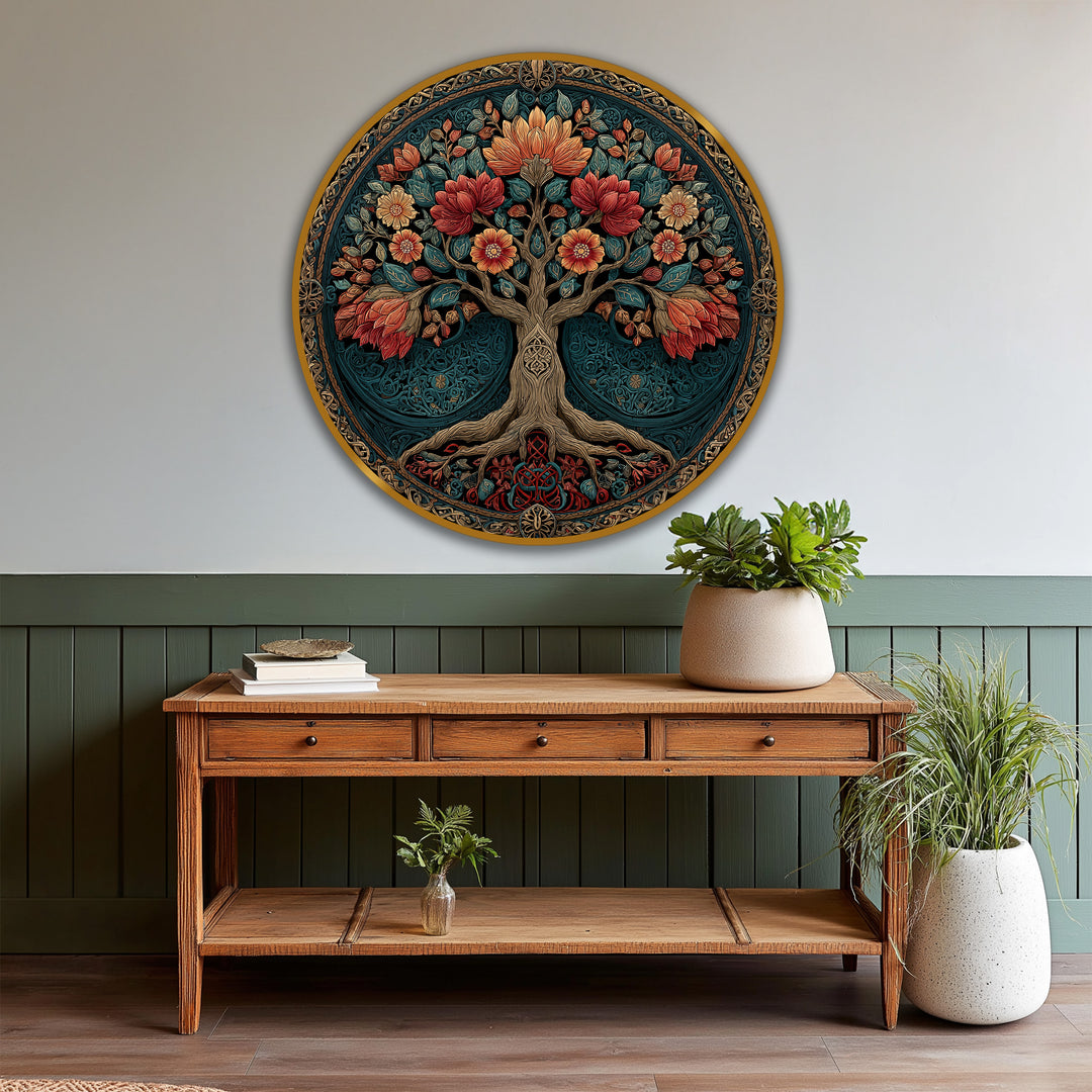 Striking color contrast highlights the ornate Bloom Tree in this round wooden oil painting decoration, creating a vibrant focal point with its rich floral and arboreal elements.