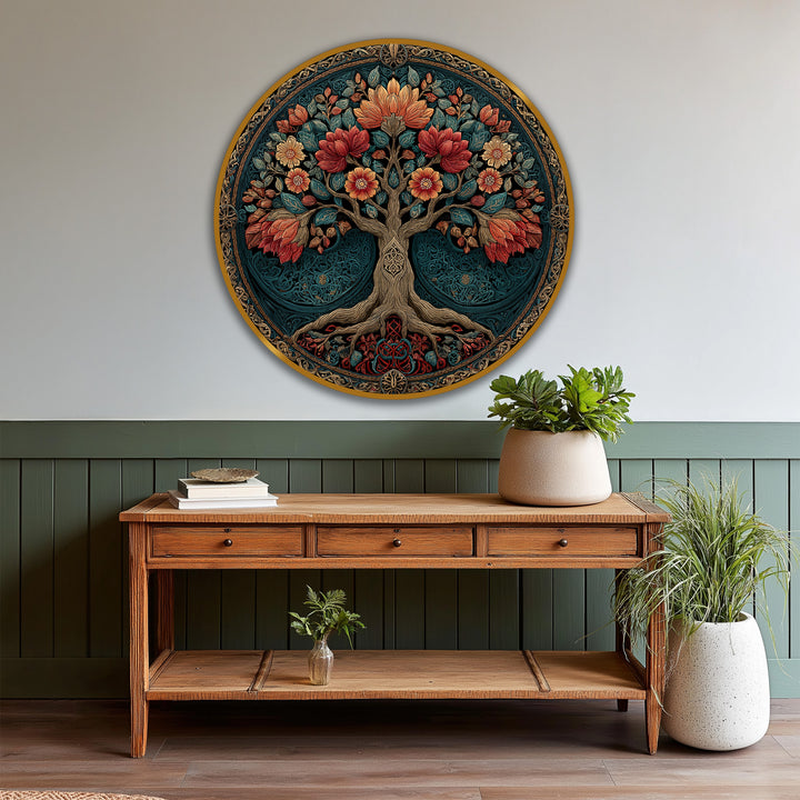 Striking color contrast highlights the ornate Bloom Tree in this round wooden oil painting decoration, creating a vibrant focal point with its rich floral and arboreal elements.