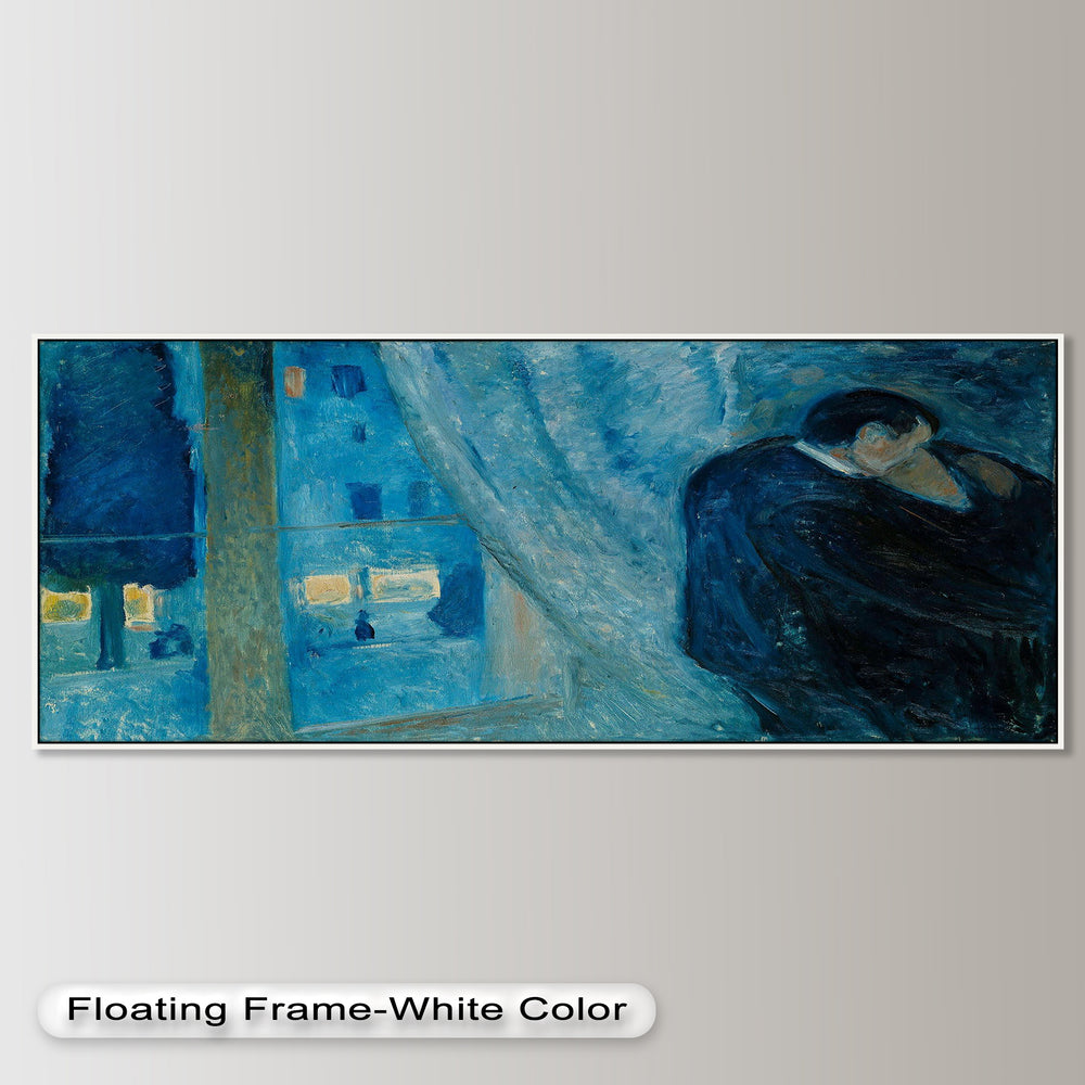 An intimate scene of lovers in a twilight room, contrasted with a glowing cityscape viewed through a sheer curtain.