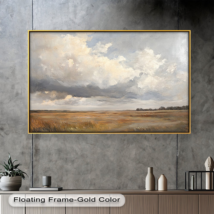 Tranquil countryside with sweeping cloudscape.
