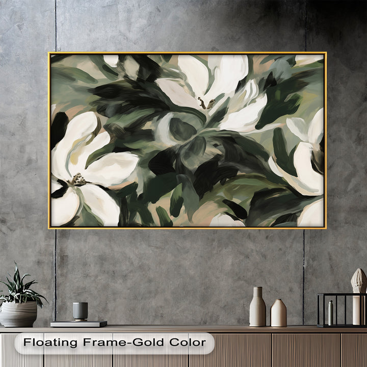 Cream Blooms in Forest Green - Flower Oil Painting
