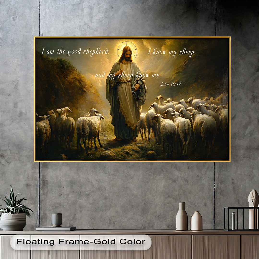 Sacred painting of Jesus as the Good Shepherd surrounded by his flock.
