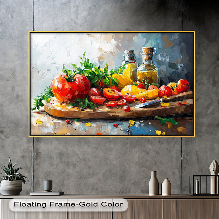 Tomato & Olive Oil Kitchen Art – Colorful Framed Oil Painting