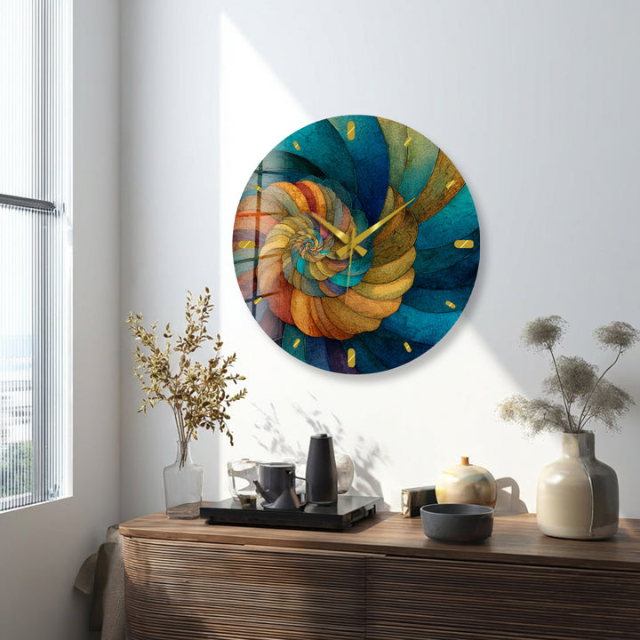Abstract Spiral Glass Wall Clock – Teal and Gold Swirl Art