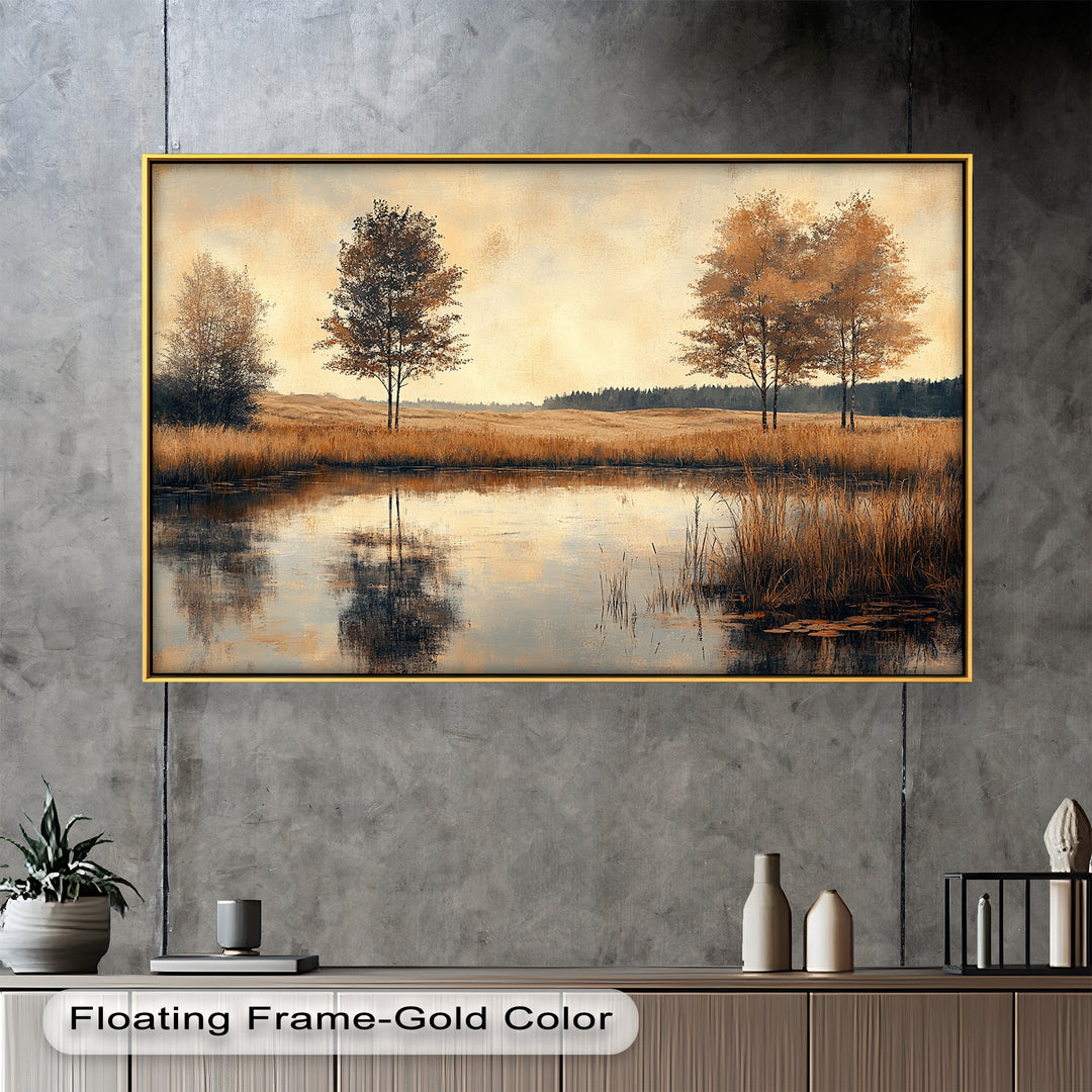A peaceful autumn landscape unfolds in this stunning painting, where golden-hued trees stand tall beside a still pond, their reflections shimmering on the tranquil water.