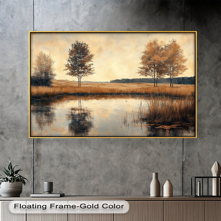 A peaceful autumn landscape unfolds in this stunning painting, where golden-hued trees stand tall beside a still pond, their reflections shimmering on the tranquil water.