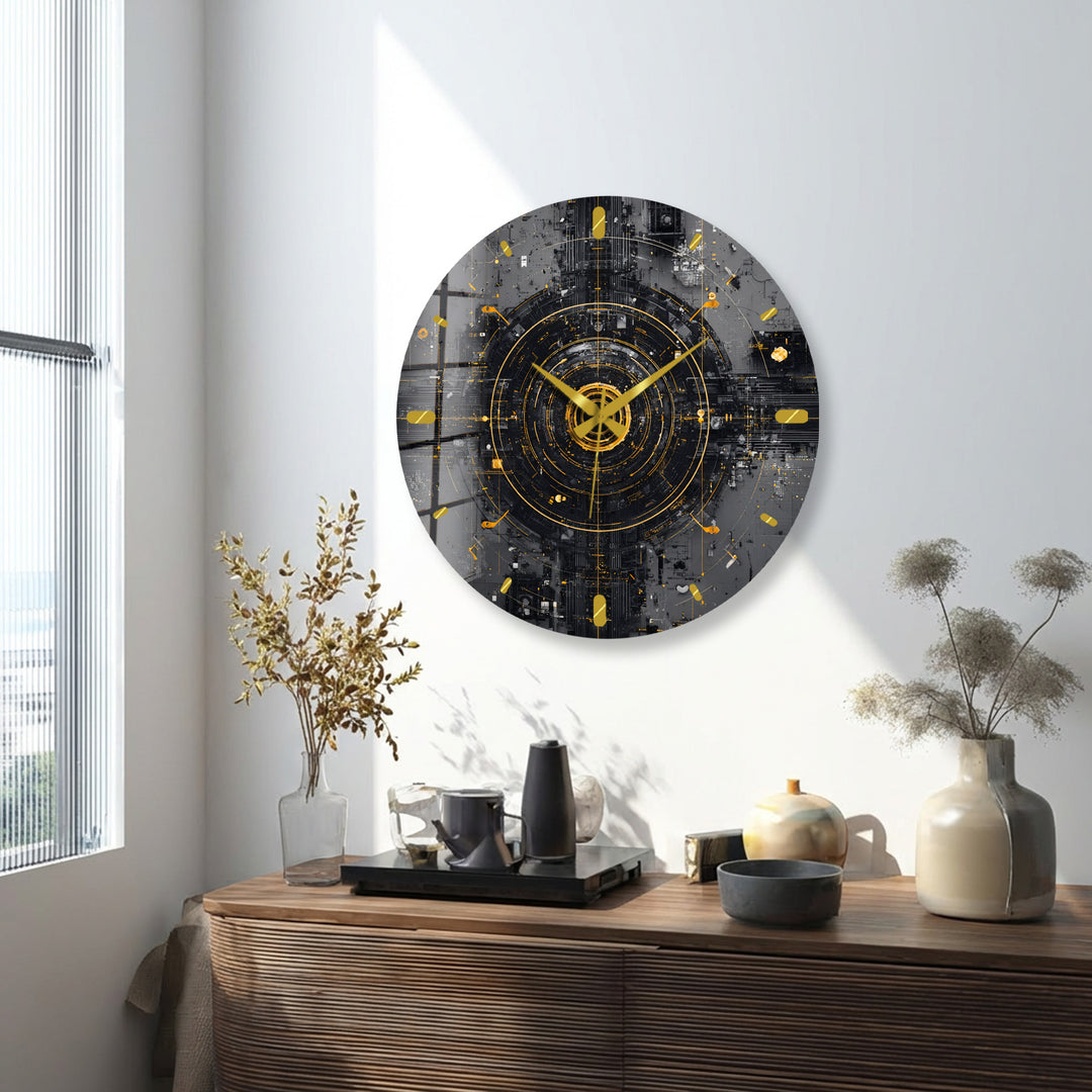 Industrial Abstract Glass Wall Clock – Black and Gold Tech Art