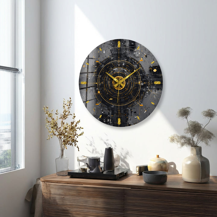 Industrial Abstract Glass Wall Clock – Black and Gold Tech Art