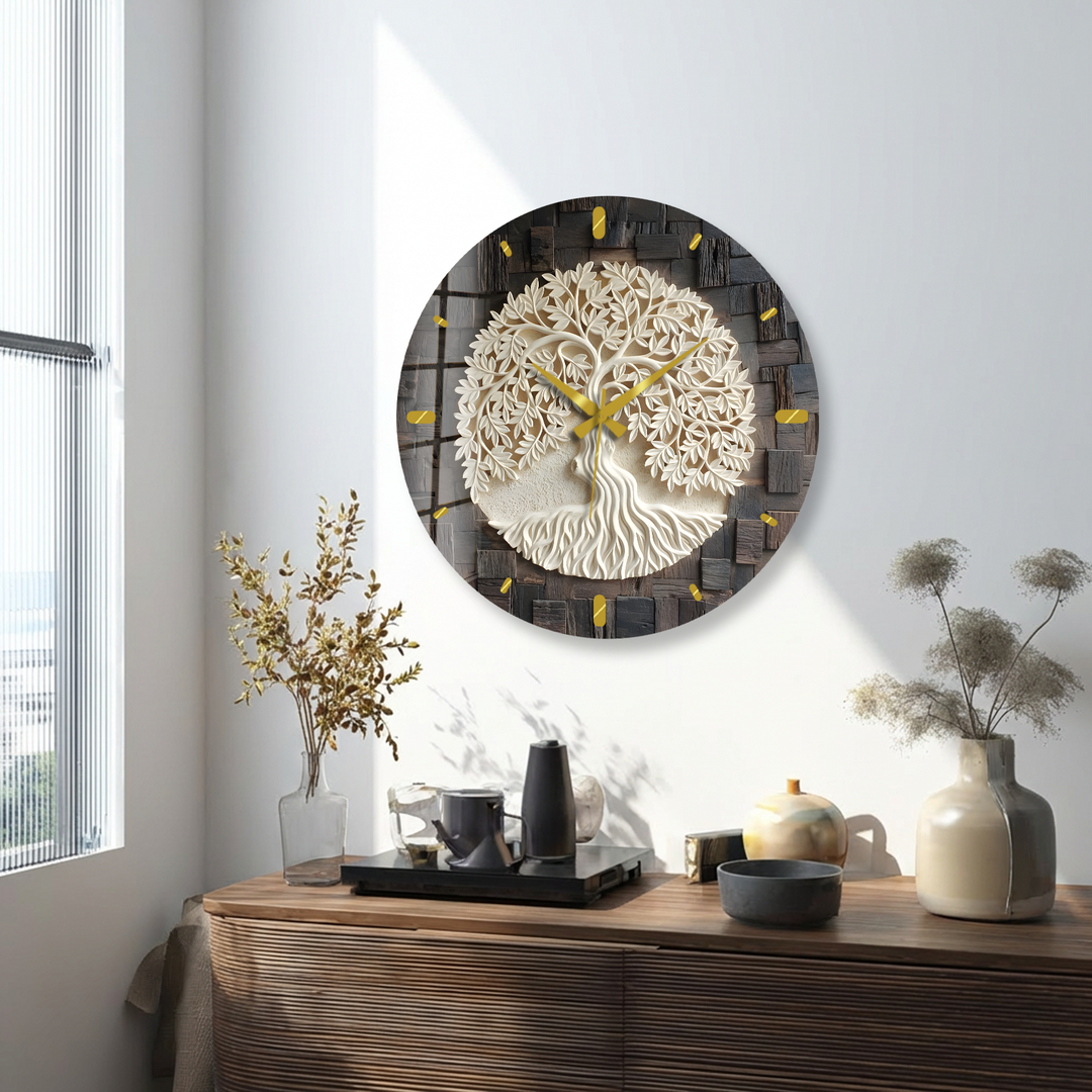 Tree of Life Glass Wall Clock – Rustic Wood Look Decor