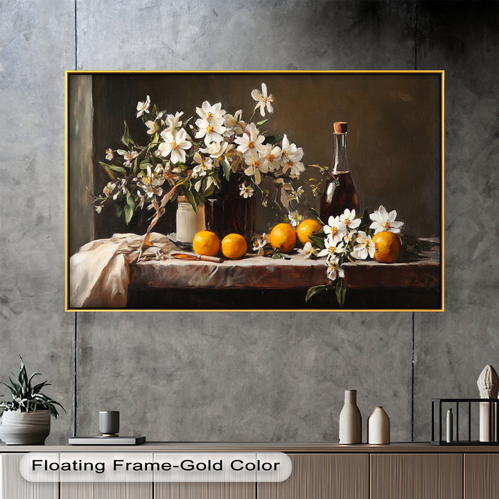 Orange & White Floral Still Life – Elegant Framed Oil Painting