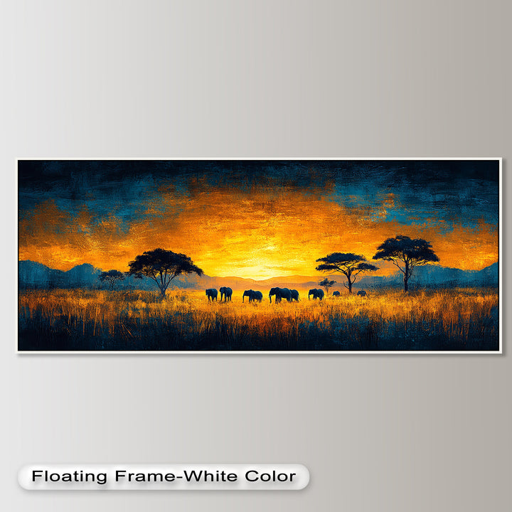 Golden Savannah Sunset – Elephant Silhouette Oil Painting