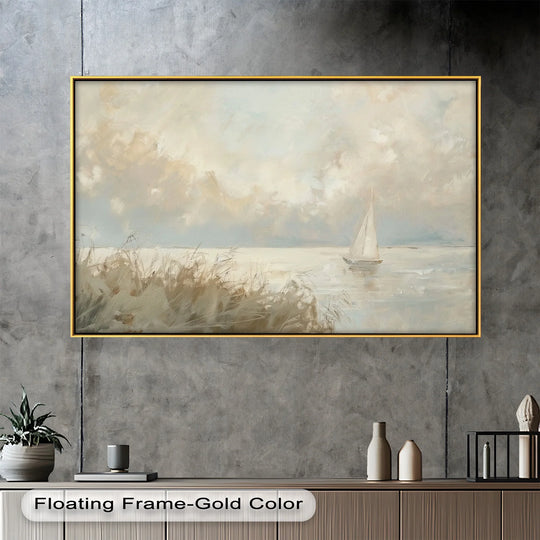 Dreamy clouds form the softest element in this lake sailboat oil painting artwork, a tranquil waterscape showing a sailboat gently drifting across still waters.