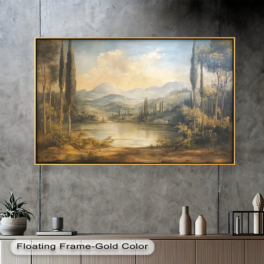 This timeless landscape painting captures a serene Italian countryside scene with gentle mountains, a calm reflective lake, and tall cypress trees.