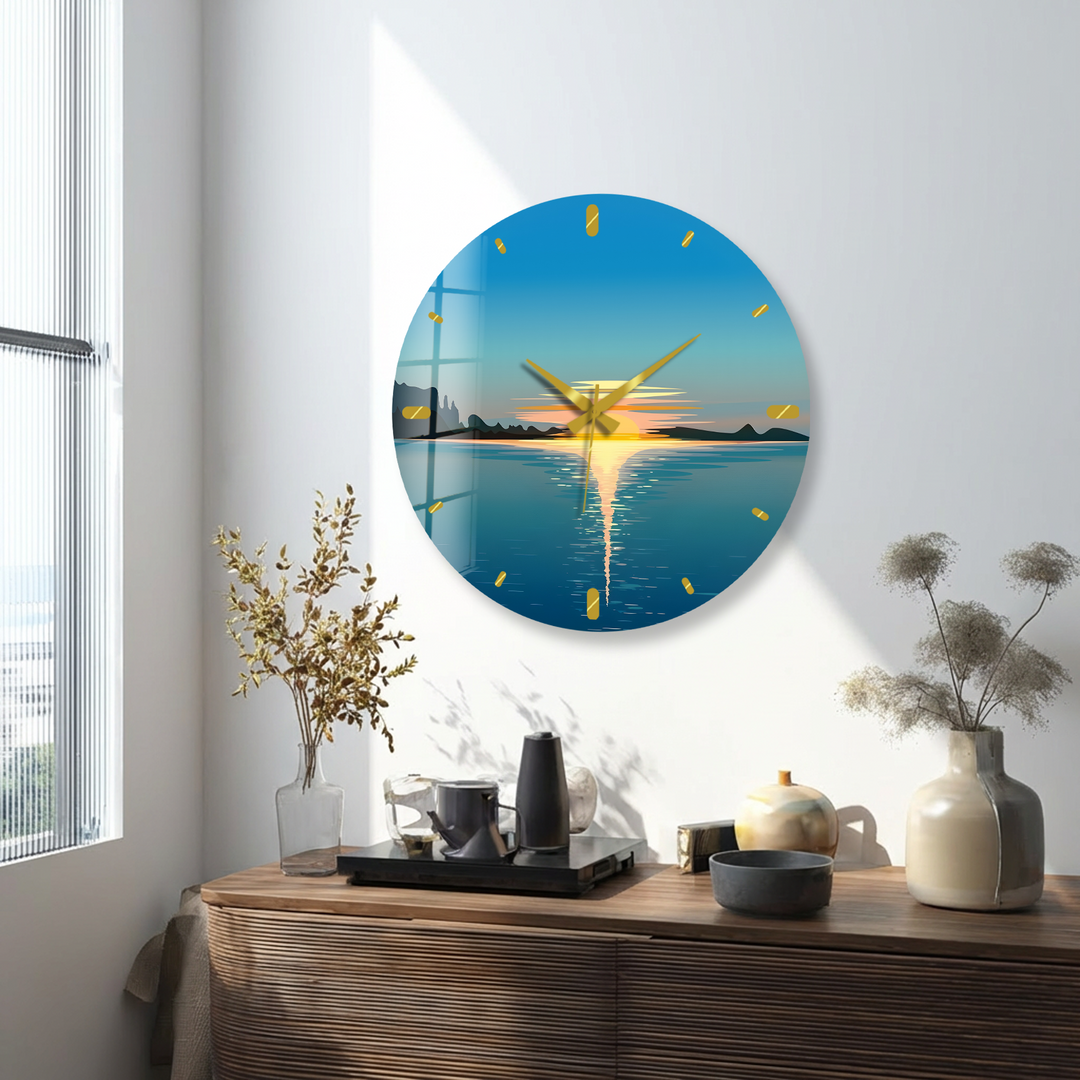 Minimalist Ocean Sunset Glass Wall Clock – Coastal Decor