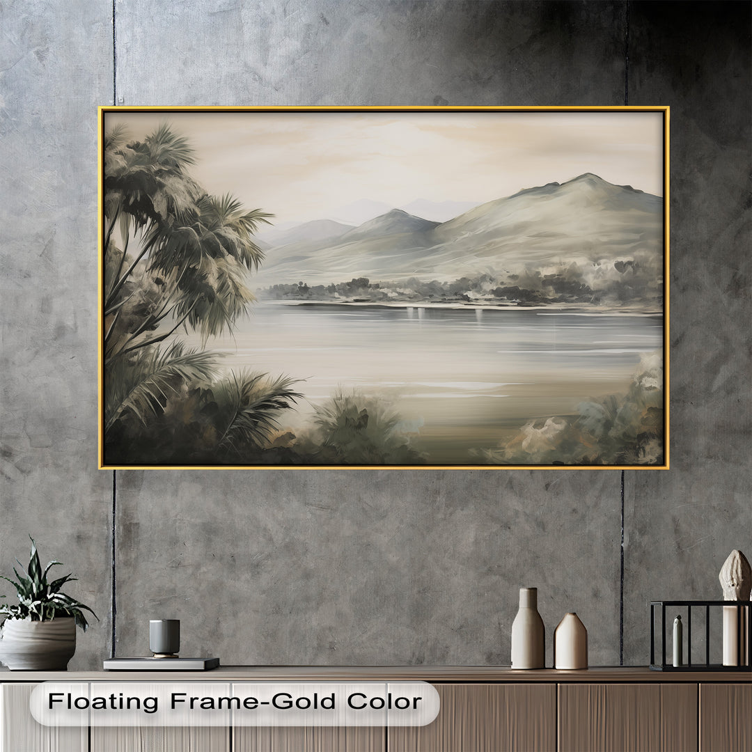 A tranquil lakeside landscape with gentle mountains and lush palms creates a tropical escape.