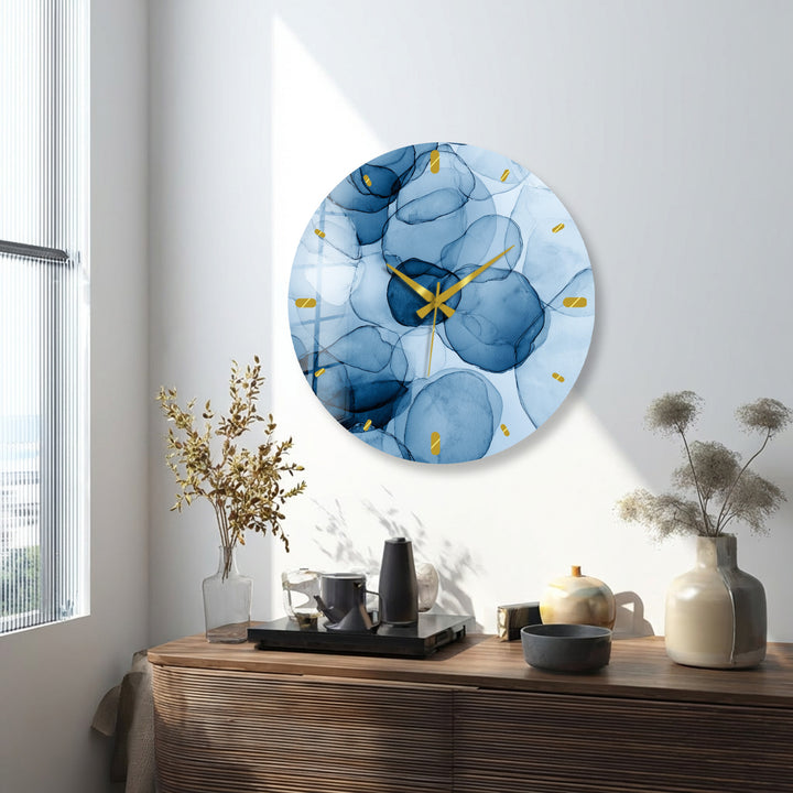 Blue Abstract Glass Wall Clock – Modern Alcohol Ink Art