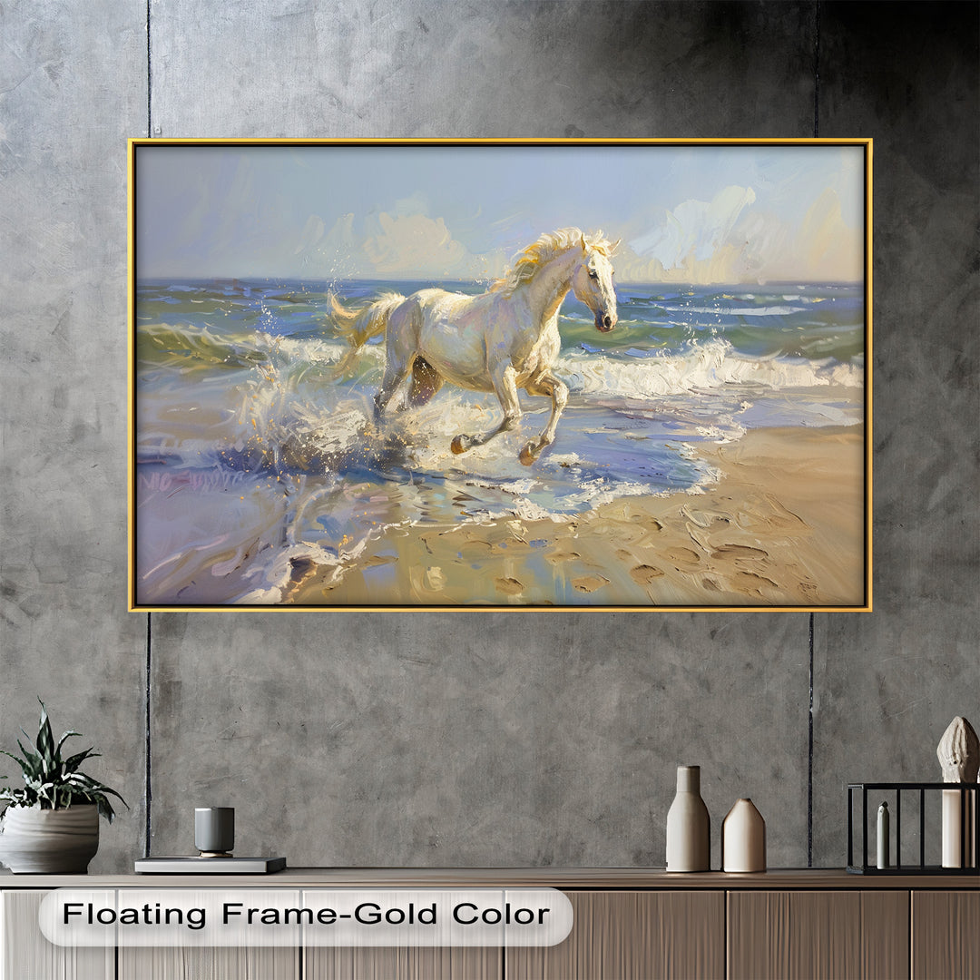 White Horse Galloping on Beach – Dynamic Oil Painting