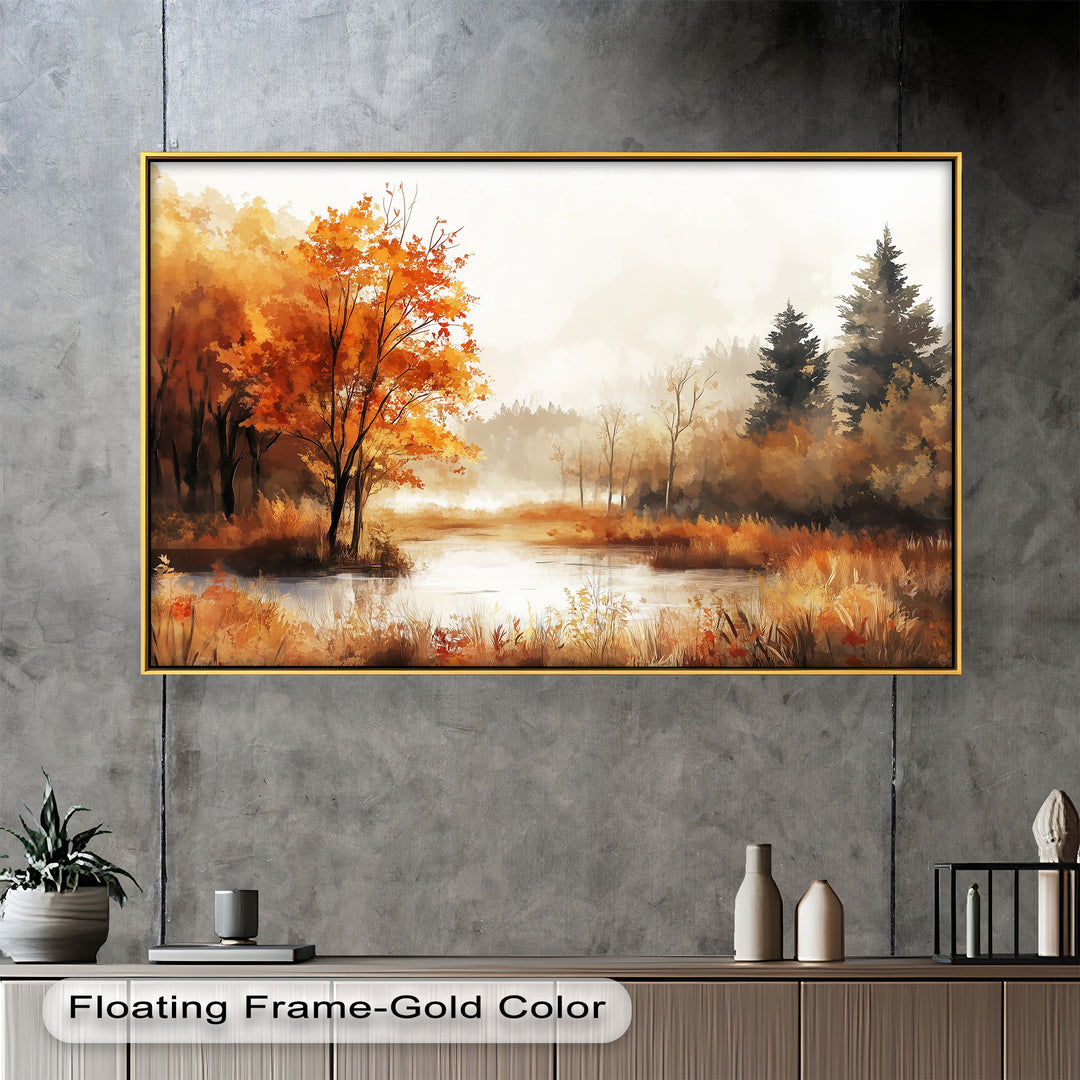 Autumn Forest Lake Wall Art – Fall Nature Oil Painting