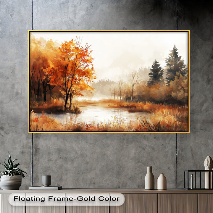 Autumn Forest Lake Wall Art – Fall Nature Oil Painting